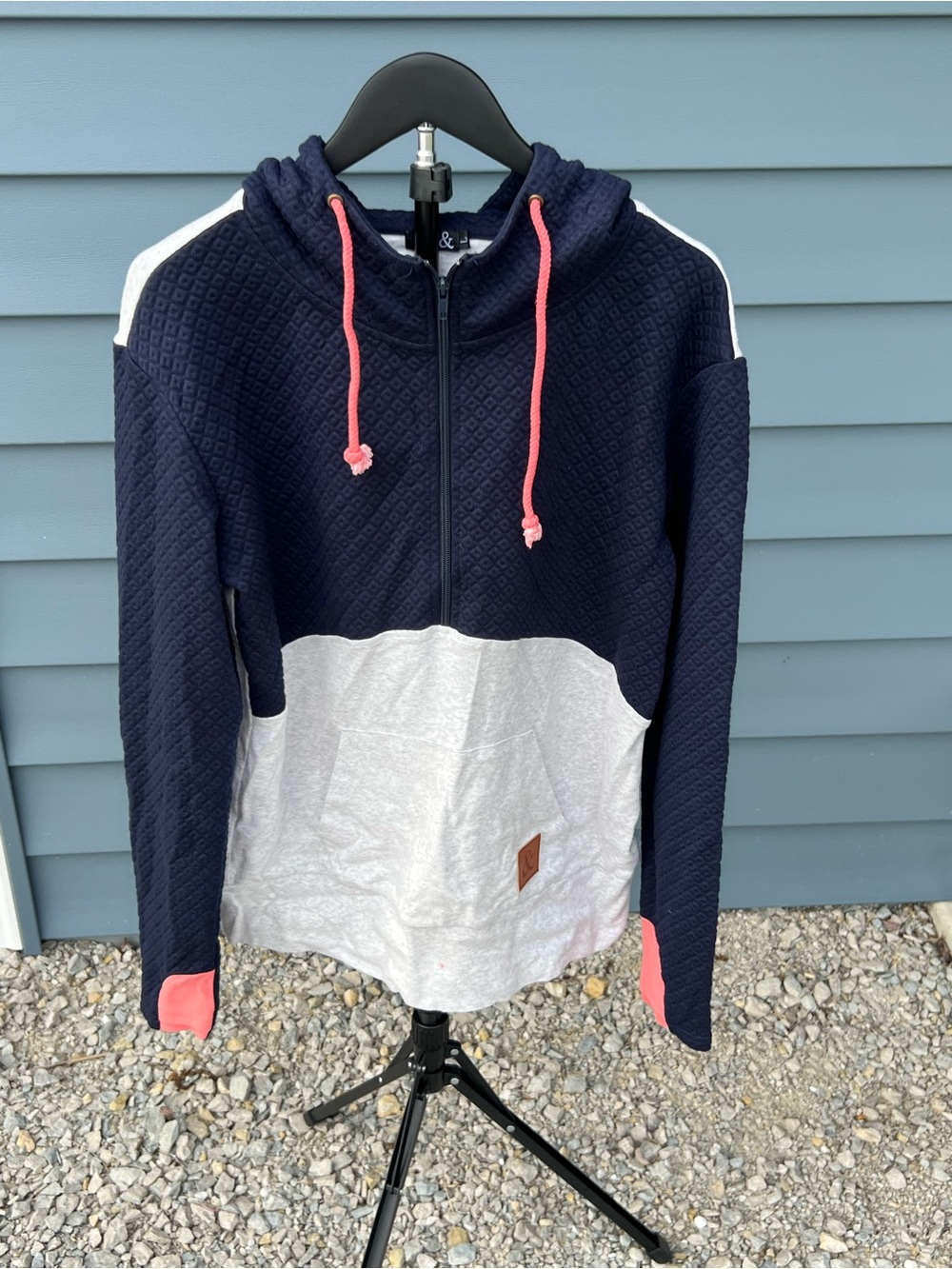 Navy and Light Gray Colorblock Hooded Pullover with Pink Drawstrings